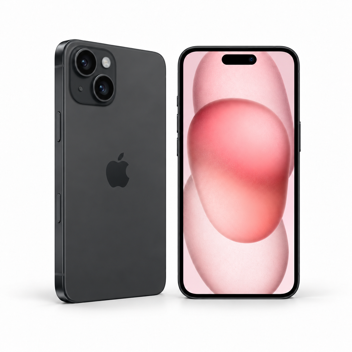 Apple iPhone 15 128GB — Refurbished Black — front and rear studio views
