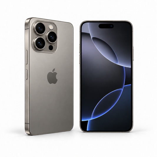 Apple iPhone 16 Pro 256GB — Refurbished Natural Titanium — front and rear studio views