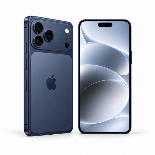 Apple iPhone 17 Pro Max 256GB / 512GB — New Deep Blue — front and rear studio views