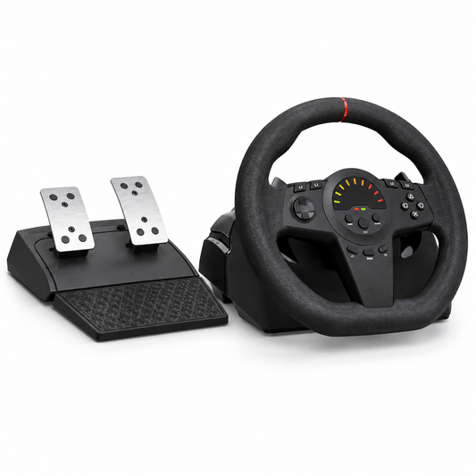 Black 270° racing steering wheel with two-pedal unit