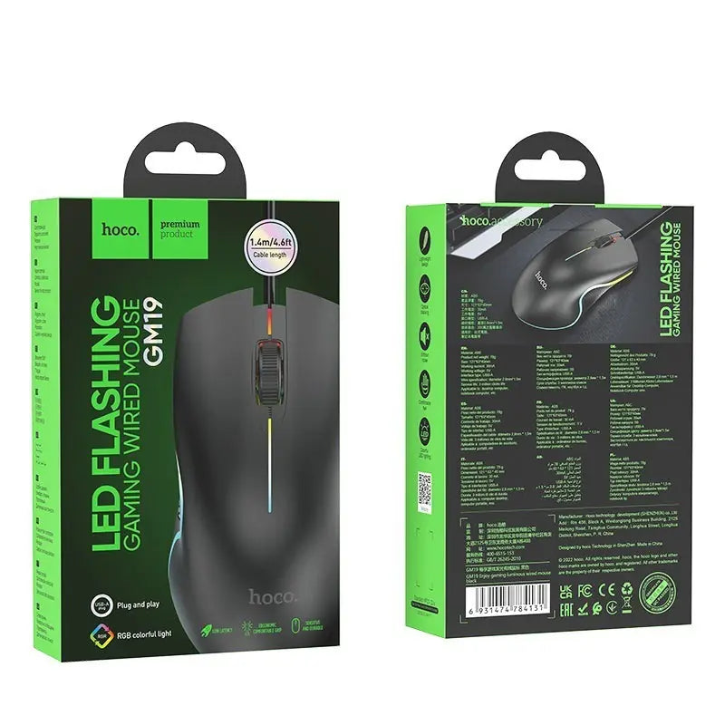 Hoco GM19 LED Luminous Gaming Wired Mouse Black