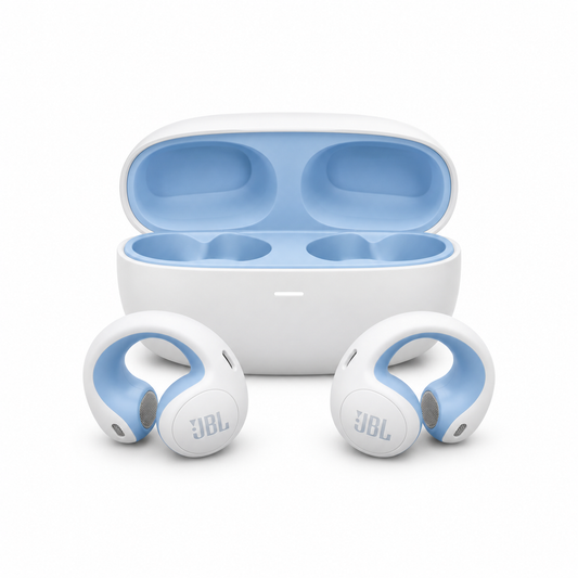 JBL Soundgear Clips white and blue earbuds