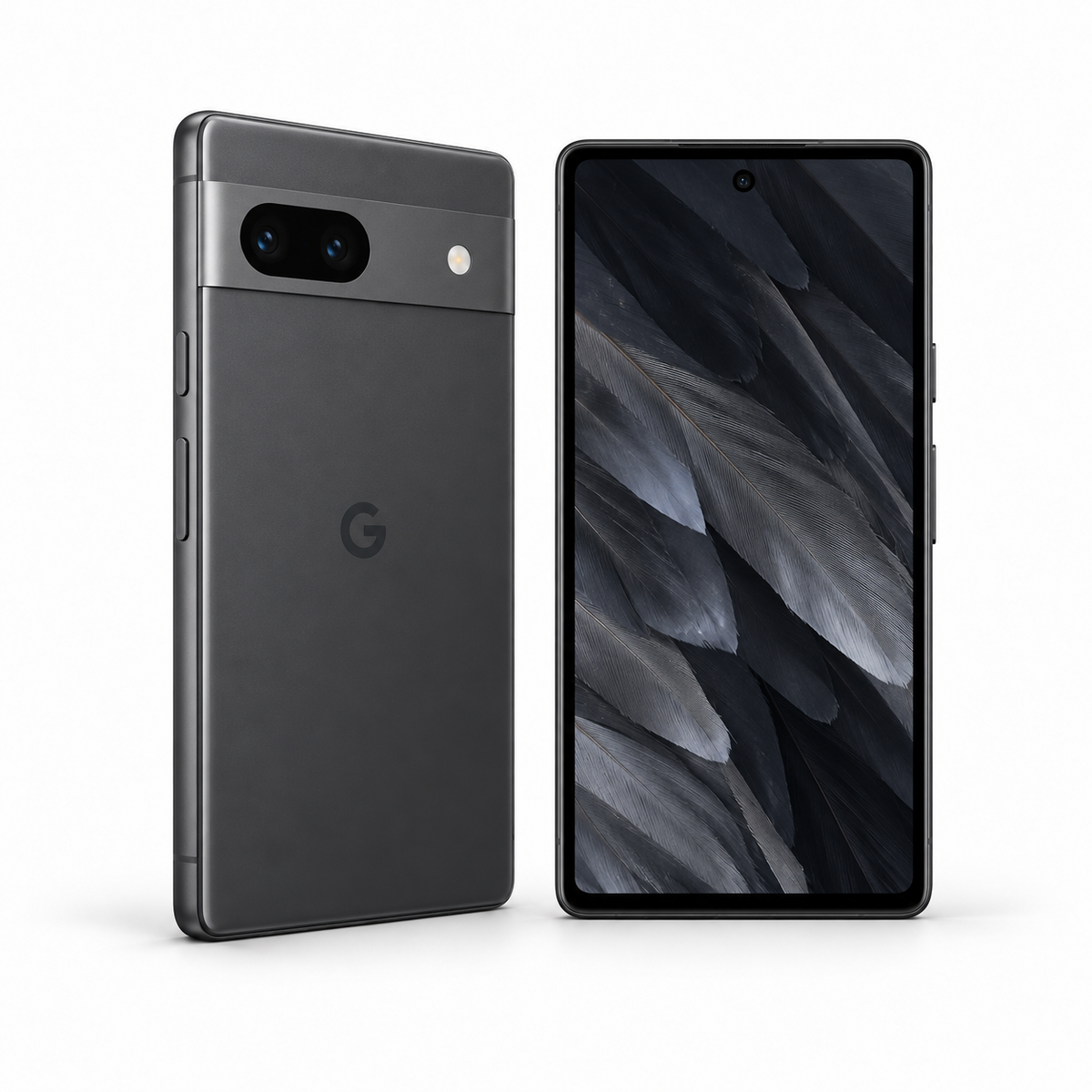Google Pixel 7a 128GB — Refurbished Charcoal — front and rear studio views