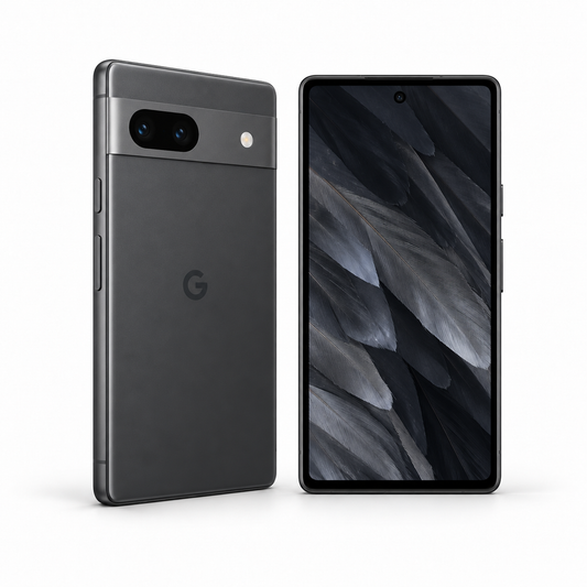 Google Pixel 7a 128GB — Refurbished Charcoal — front and rear studio views