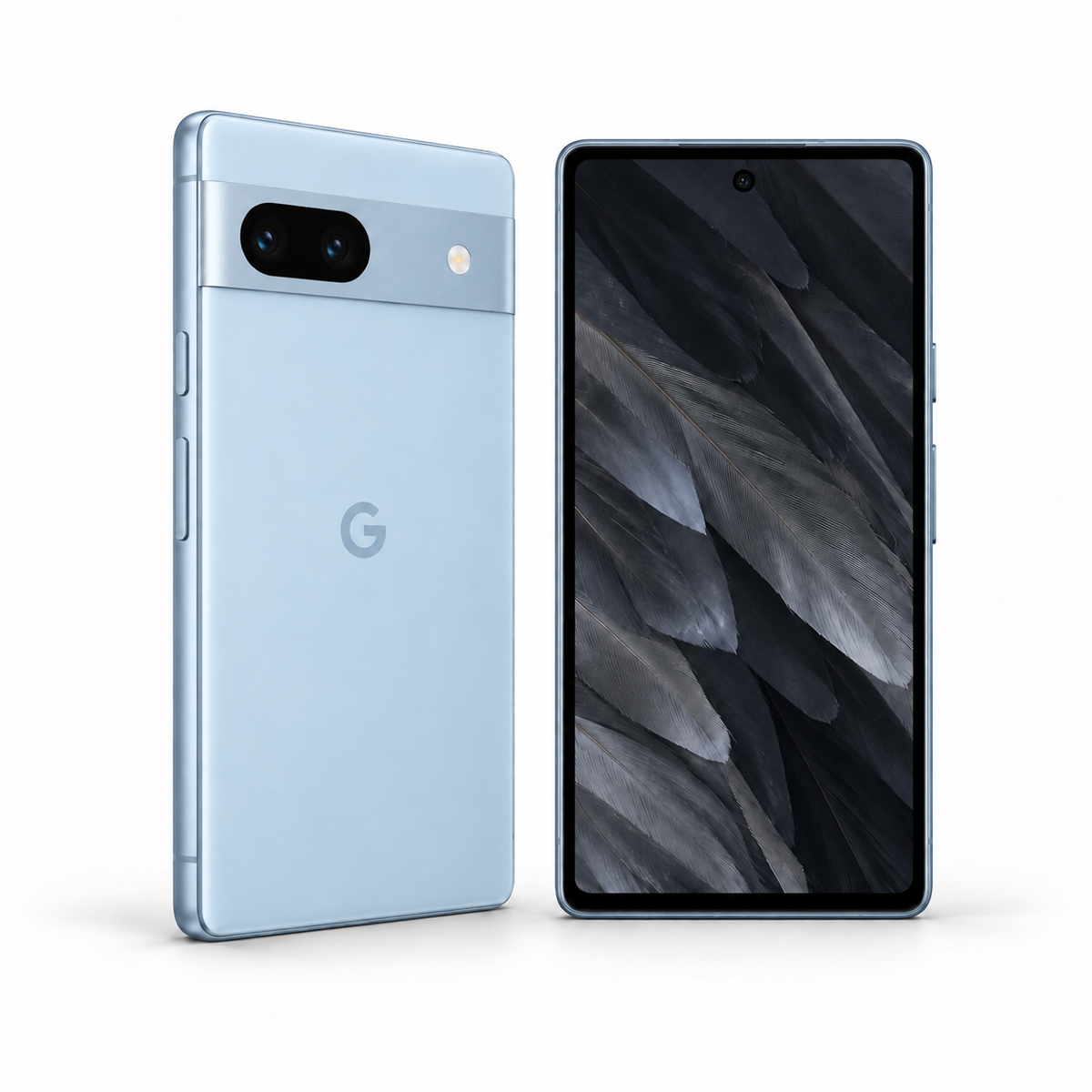 Google Pixel 7a 128GB — Refurbished Sea — front and rear studio views