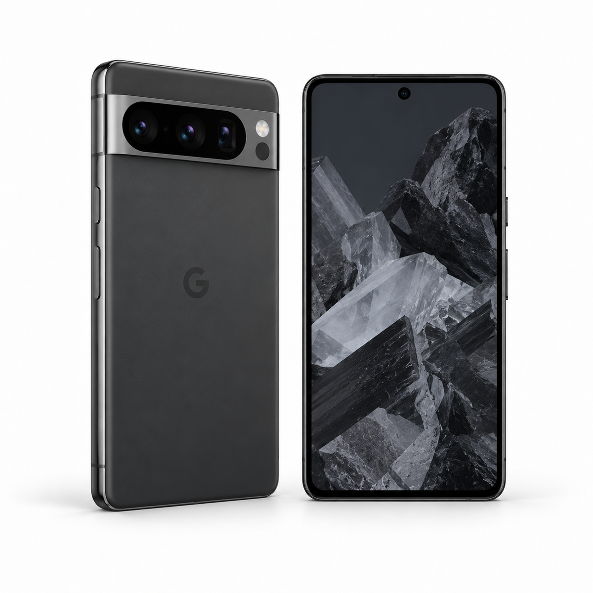 Google Pixel 8 Pro 128GB — Refurbished Charcoal — front and rear studio views