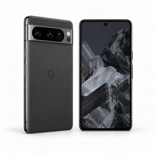 Google Pixel 8 Pro 128GB — Refurbished Charcoal — front and rear studio views