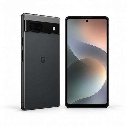 Google Pixel 6a 128GB — Refurbished Charcoal — front and rear studio views
