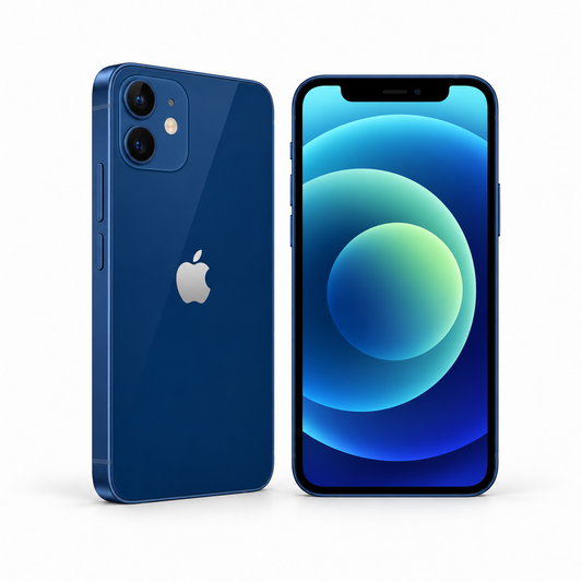 Apple iPhone 12 mini 64GB — Refurbished Blue — front and rear studio views
