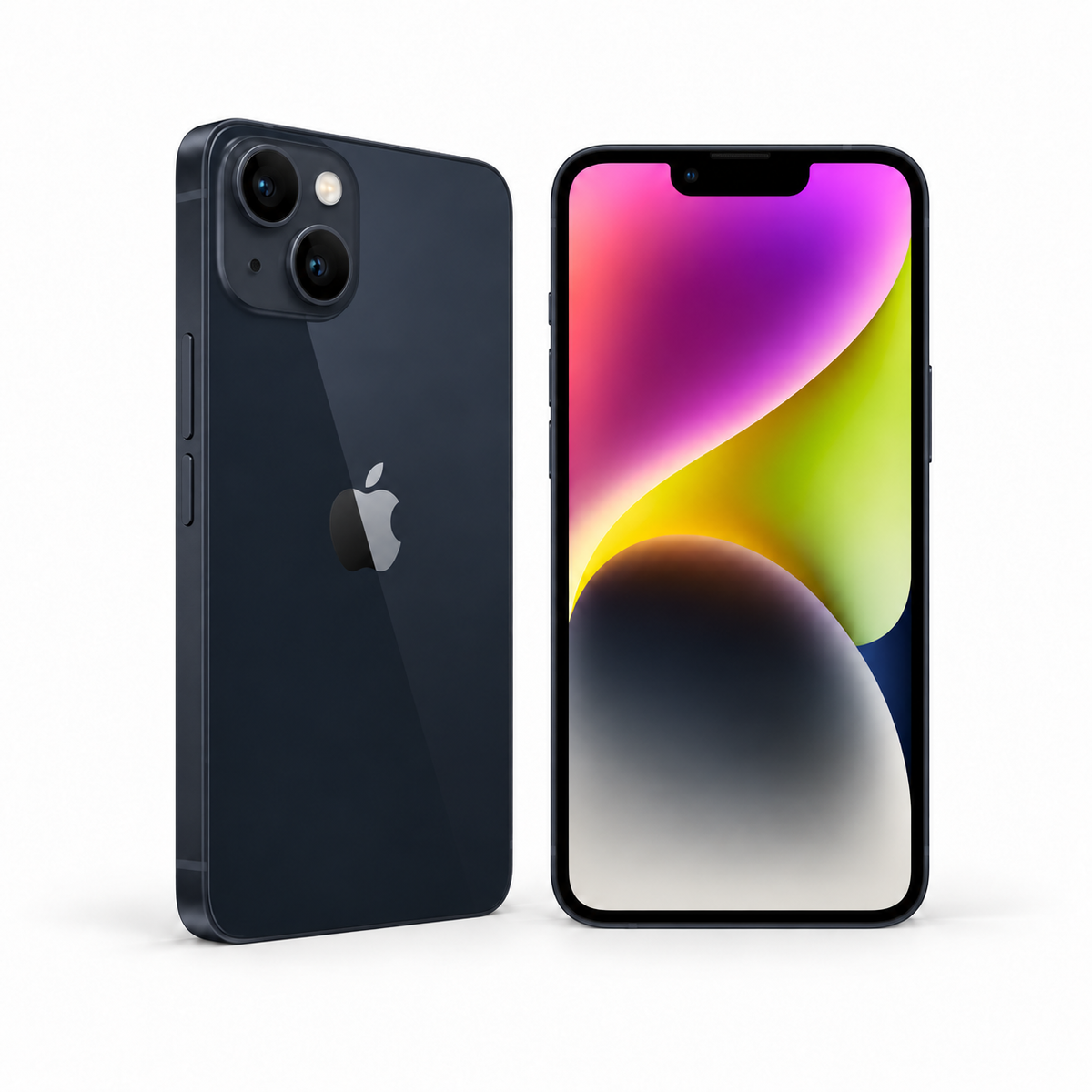 Apple iPhone 14 128GB — Refurbished Midnight — front and rear studio views