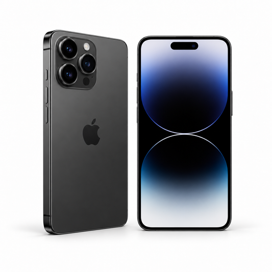 Apple iPhone 14 Pro Max 128GB — Refurbished Space Black — front and rear studio views