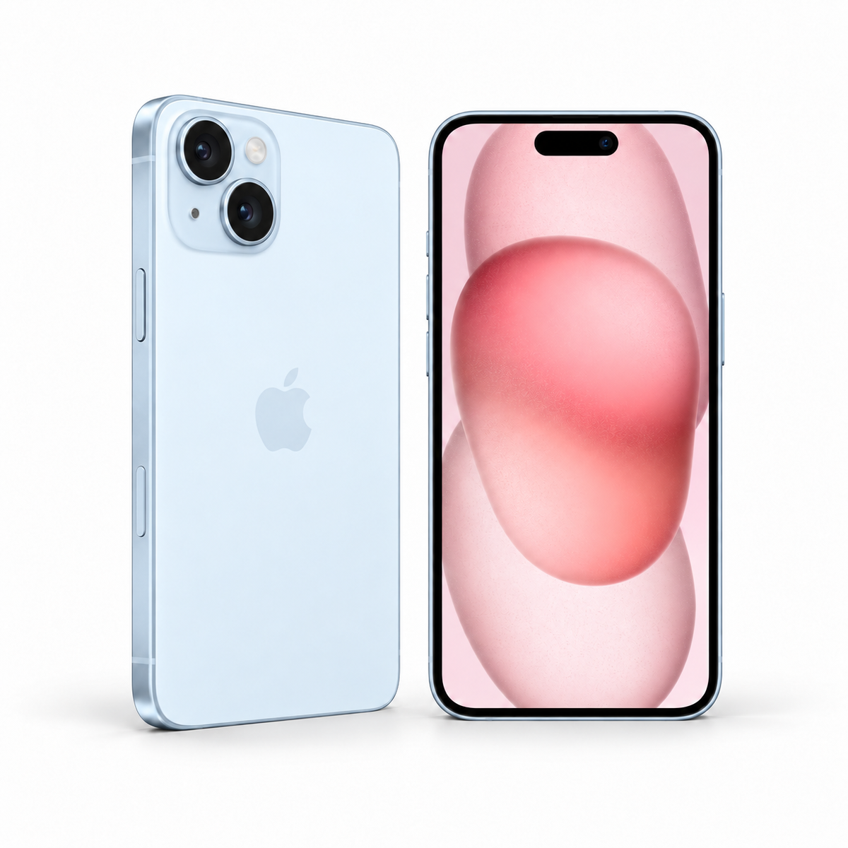 Apple iPhone 15 128GB — Refurbished Blue — front and rear studio views