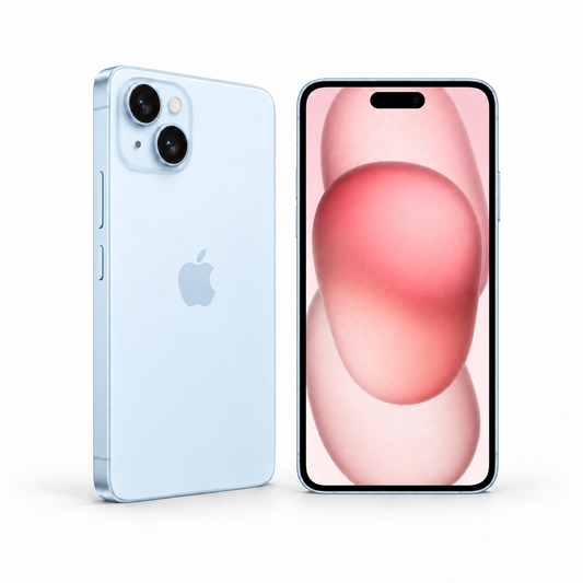Apple iPhone 15 Plus 128GB — Refurbished Blue — front and rear studio views