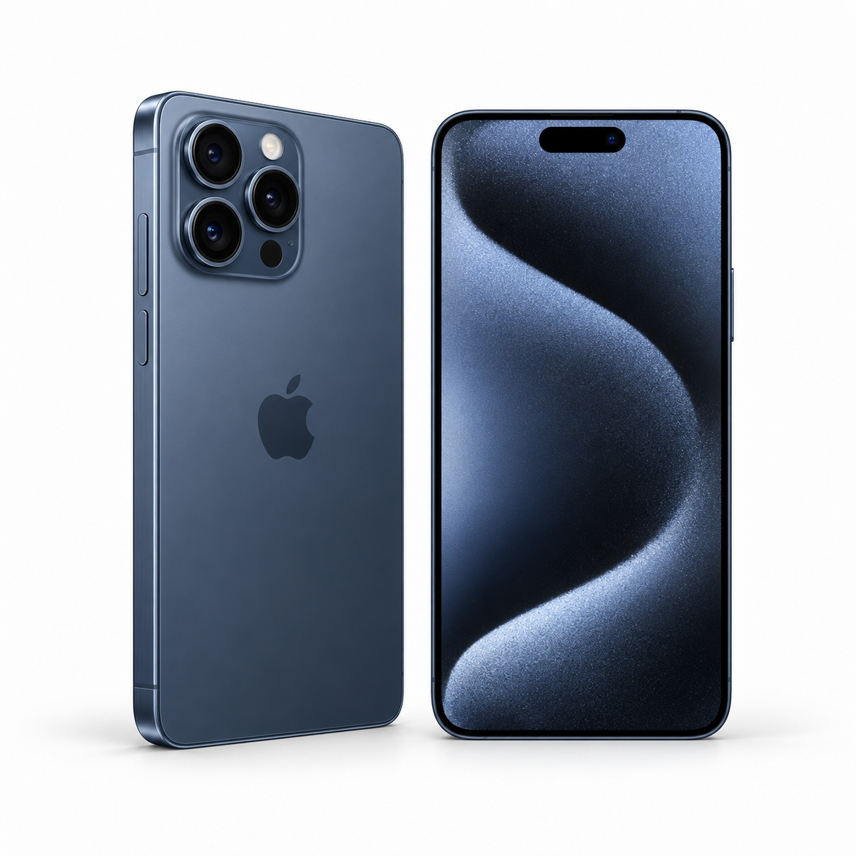 Apple iPhone 15 Pro Max 256GB — Refurbished Blue Titanium — front and rear studio views