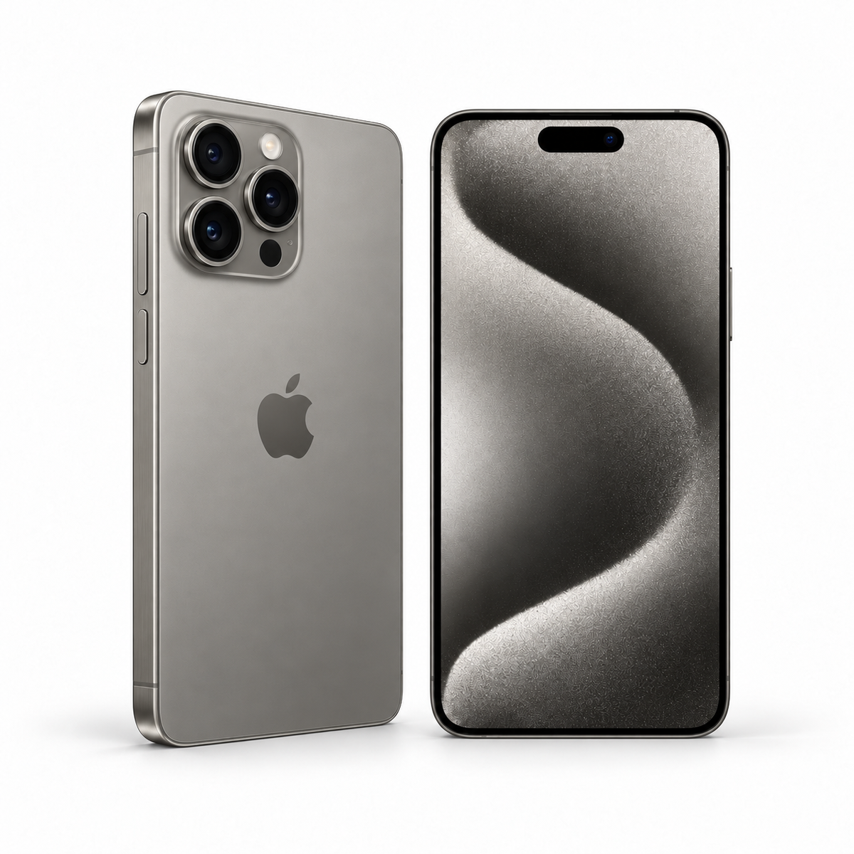 Apple iPhone 15 Pro Max 256GB — Refurbished Natural Titanium — front and rear studio views