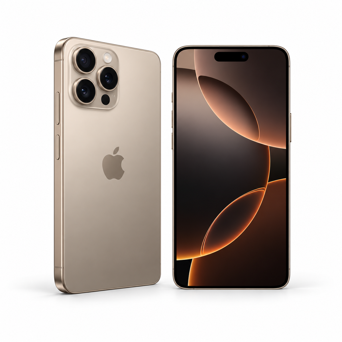 Apple iPhone 16 Pro Max 256GB — Refurbished Desert Titanium — front and rear studio views