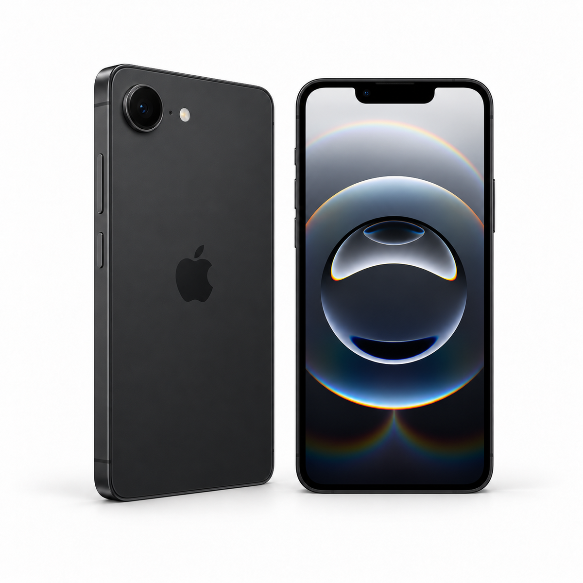 Apple iPhone 16e 5G 128GB — New Black — front and rear studio views