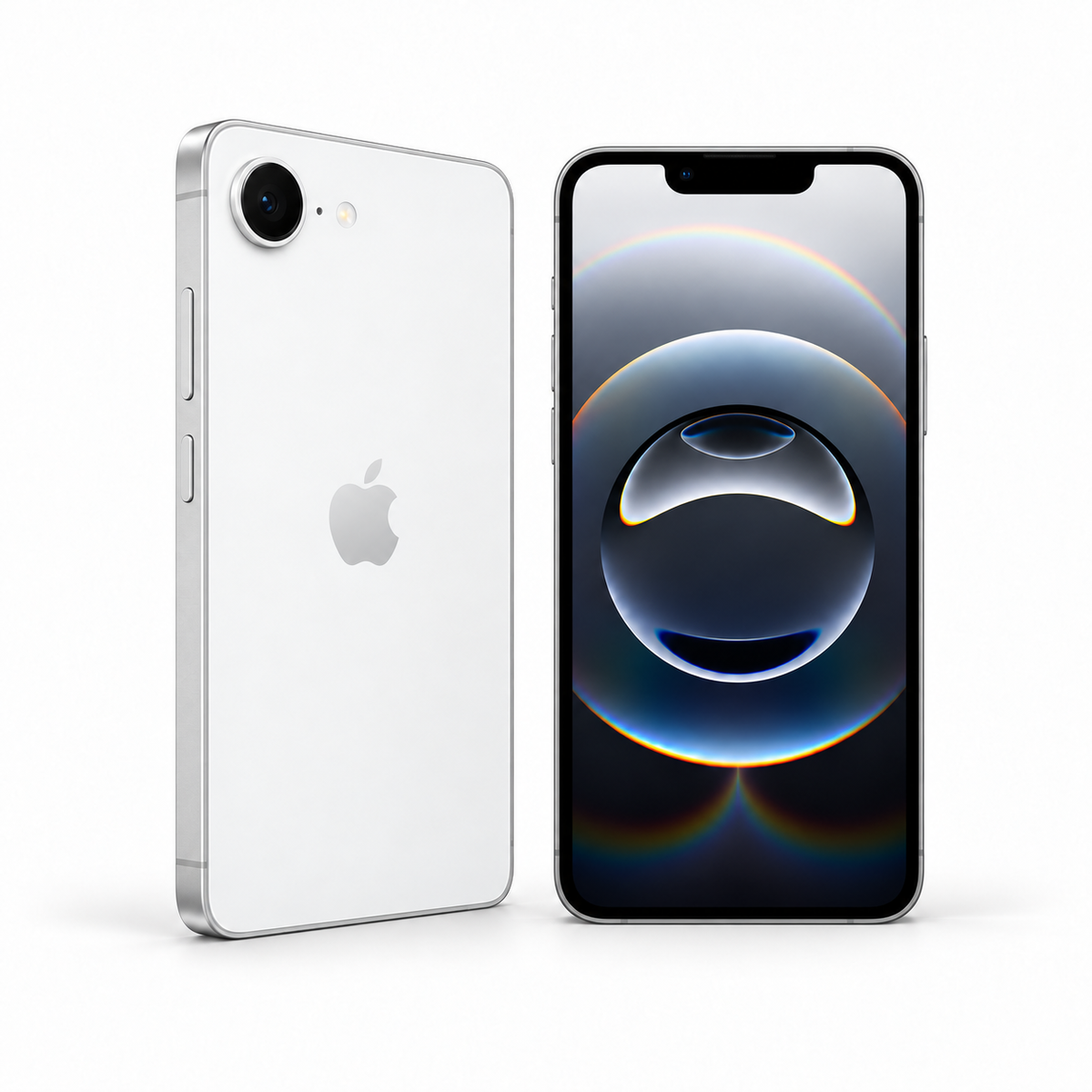 Apple iPhone 16e White 128GB — front and rear studio views