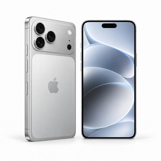 Apple iPhone 17 Pro Max 256GB / 512GB — New Silver — front and rear studio views