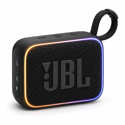 JBL Go 5 compact Bluetooth speaker in black with ambient edge lighting