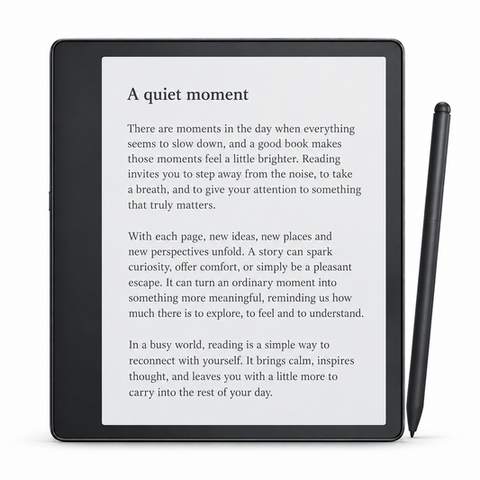 Kindle Scribe 2022 Tungsten Grey with Basic Pen displaying an illustrative reading page