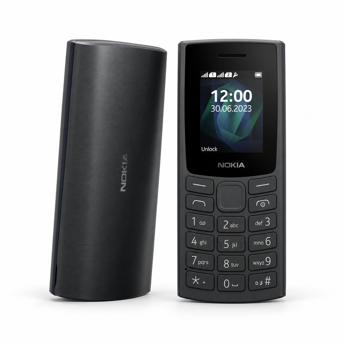 Nokia 105 — New Black — front and rear studio views