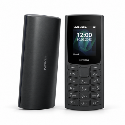 Nokia 105 — New Black — front and rear studio views