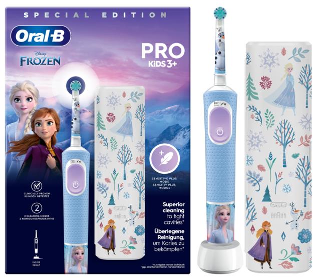 Oral-B Pro Kids Frozen light blue toothbrush with travel case and charging base
