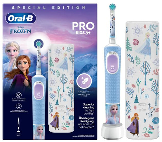 Oral-B Pro Kids Frozen light blue toothbrush with travel case and charging base