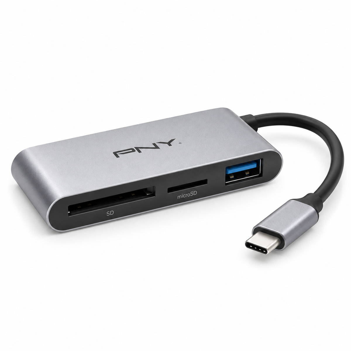 PNY USB-C Card Reader and USB-A Adapter in metallic silver
