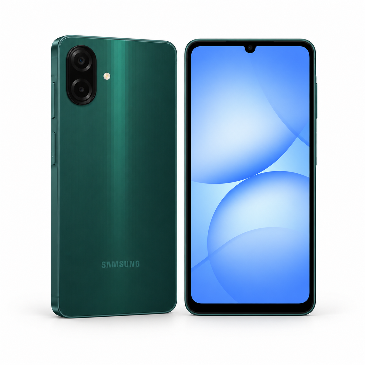 Samsung Galaxy A08 64GB — New in Green, front and angled rear studio views