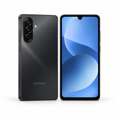 Samsung Galaxy A17 4G 128GB — New in Black, front and angled rear studio views