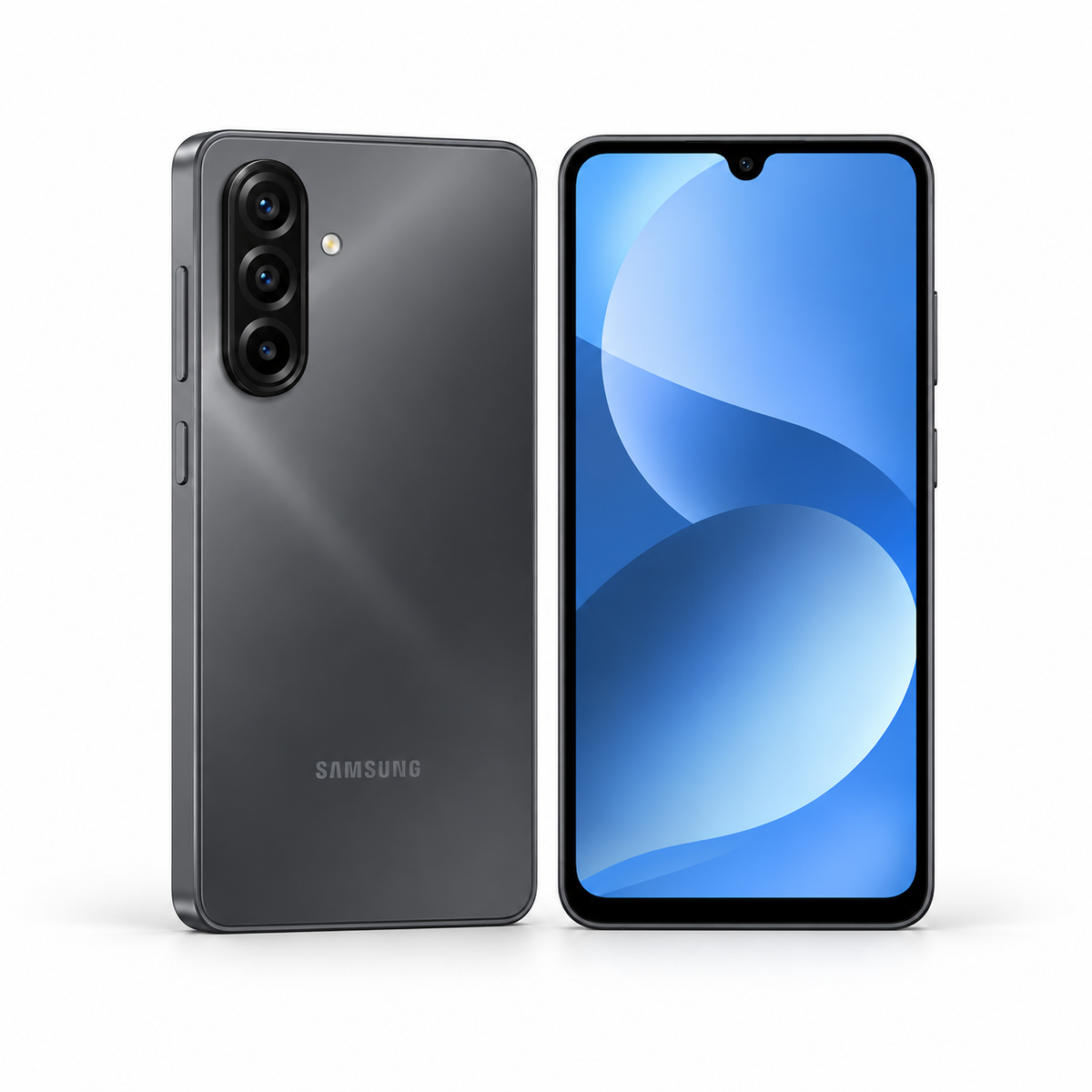 Samsung Galaxy A17 4G 128GB — New in Grey, front and angled rear studio views