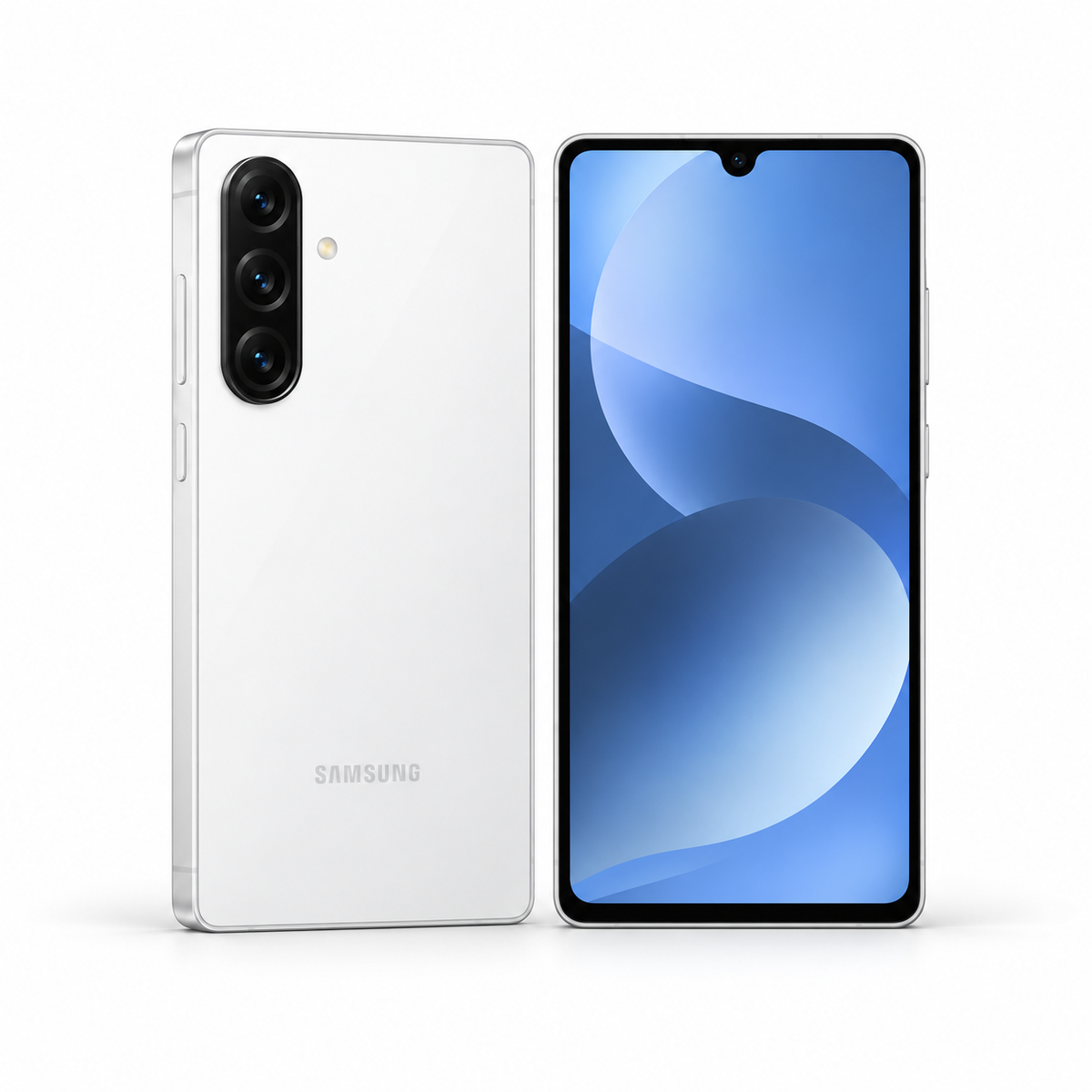 Samsung Galaxy A26 5G 128GB / 256GB — New in Awesome White, front and angled rear studio views