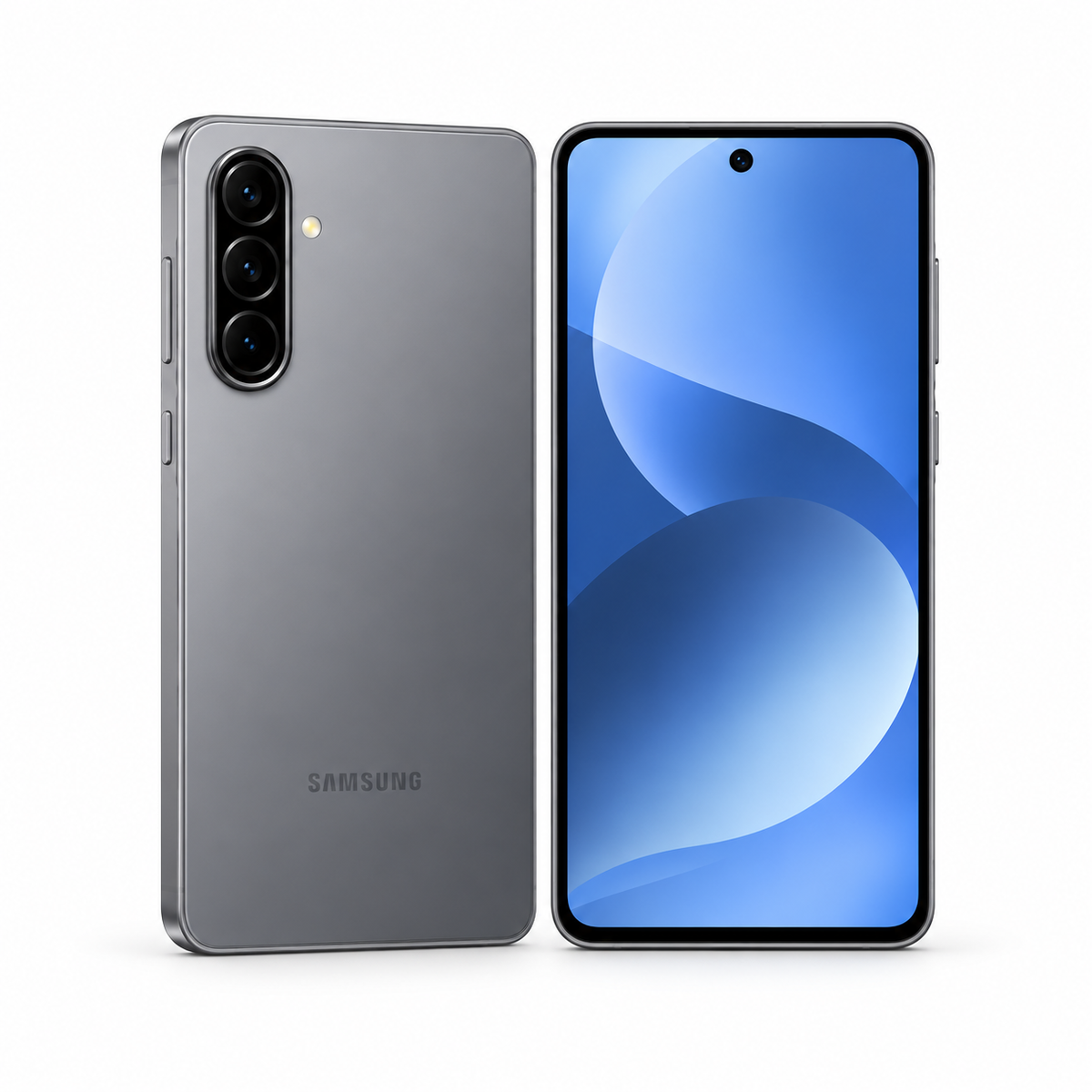 Samsung Galaxy A57 5G 256GB — New in Awesome Grey, front and angled rear studio views
