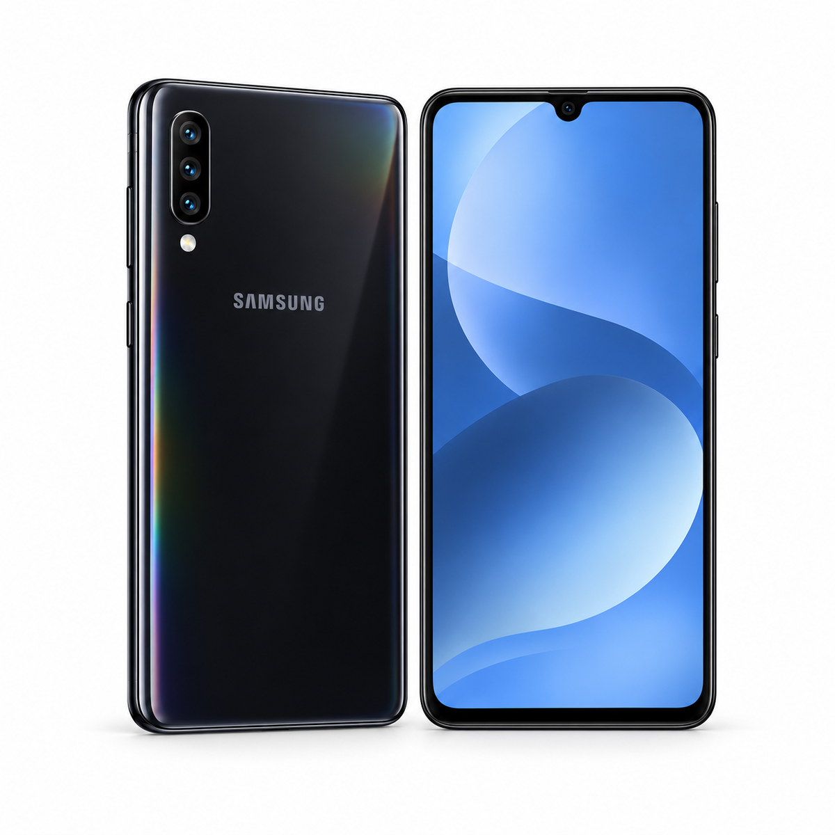 Samsung Galaxy A70 128GB — Refurbished front and angled rear views