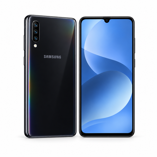 Samsung Galaxy A70 128GB — Refurbished front and angled rear views
